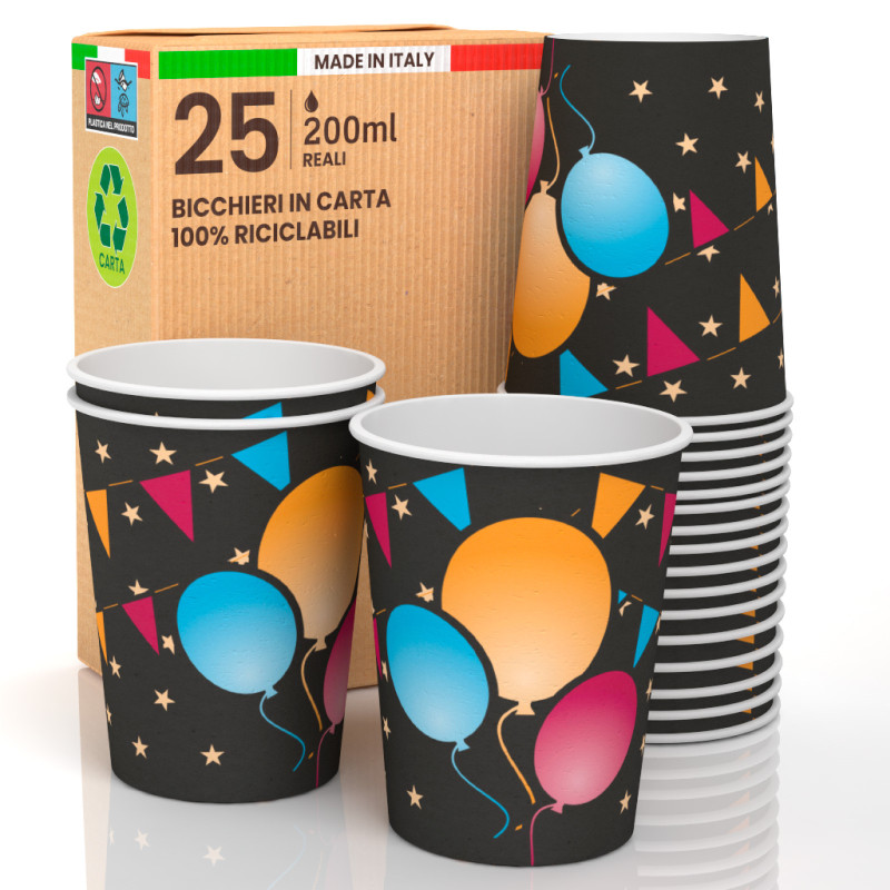 25 Bicchieri in Carta Biodegradabile Fantasia Black Party da 200ml