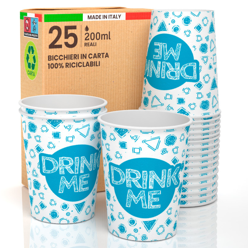 25 Bicchieri in Carta Biodegradabile Fantasia Drink Me da 200ml