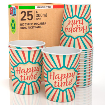 25 Bicchieri in Carta Biodegradabile Fantasia Happy Time da 200ml
