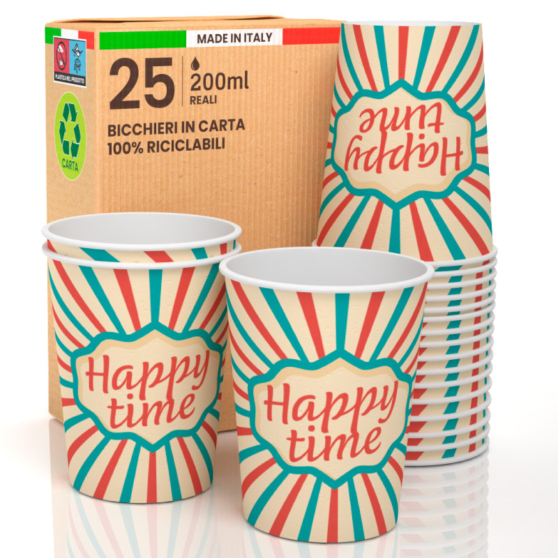 25 Bicchieri in Carta Biodegradabile Fantasia Happy Time da 200ml