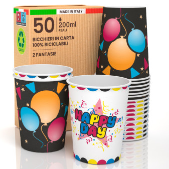 50 Bicchieri in Carta Biodegradabile Mix Happy Day Black Party 200ml