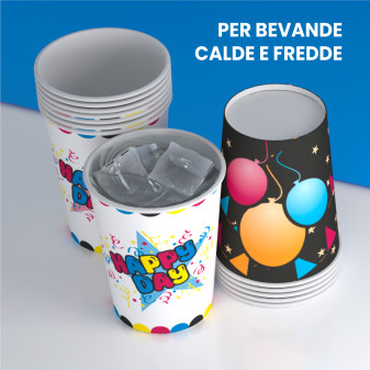 50 Bicchieri in Carta Biodegradabile Mix Happy Day Black Party 200ml