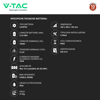 VT48100E-P2 Accumulatore 5,12kWh Impianti Fotovoltaici CEI 0-21 V-Tac