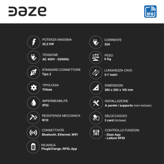 Wallbox Home T Daze 22,2kW Trifase IP55 Cavo Tipo 2 Bluetooth Wi-Fi