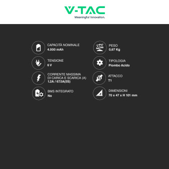 V-Tac VT-4-6 Batteria Piombo Acido 6V 4Ah - SKU 23448