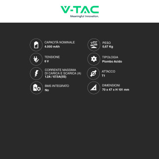 V-Tac VT-4-6 Batteria Piombo Acido 6V 4Ah - SKU 23448