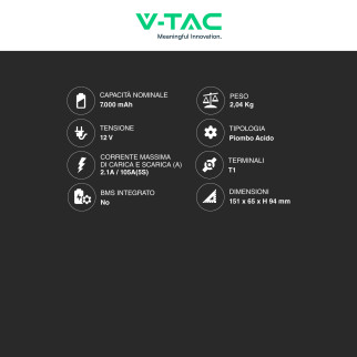 V-Tac VT-7-12 Batteria Piombo Acido 12V 7Ah - SKU 23451