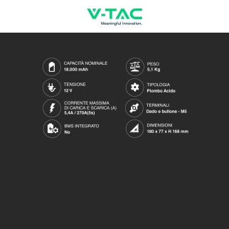 V-Tac VT-12-18 Batteria Piombo Acido 12V 18Ah - SKU 23453