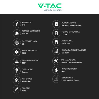 VT-945 Lampada LED Giardino 5W IP65 Sensore Pannello V-Tac
