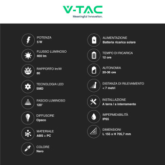 VT-945 Lampada LED Giardino 5W IP65 Sensore Pannello V-Tac