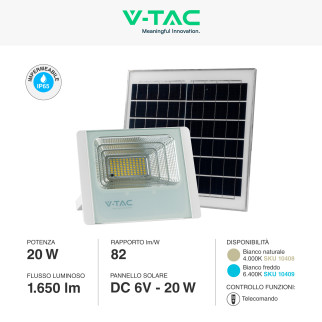 VT-60W Faro LED 20W IP65 Pannello Solare Telecomando V-Tac