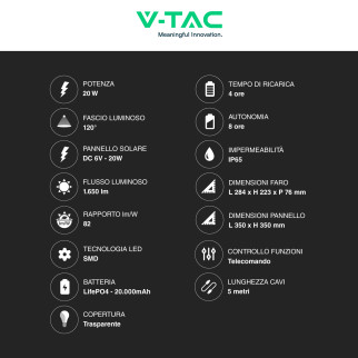 VT-60W Faro LED 20W IP65 Pannello Solare Telecomando V-Tac