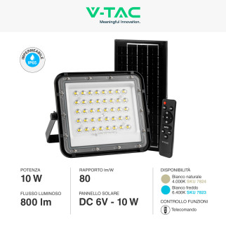 VT-80W Faro LED 10W IP65 Nero Pannello Solare e Telecomando V-Tac