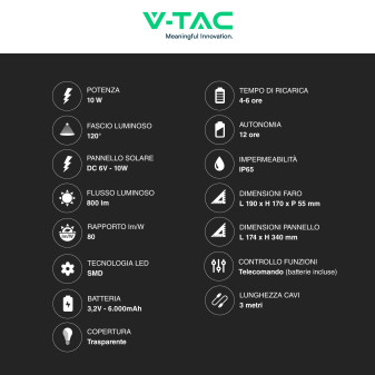 VT-80W Faro LED 10W IP65 Nero Pannello Solare e Telecomando V-Tac
