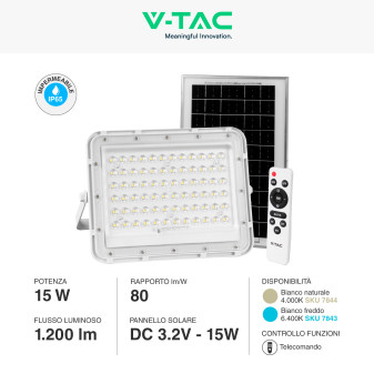 V-Tac VT-120W Faro LED 15W IP65 Bianco Pannello Solare e Telecomando