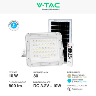 VT-80W Faro LED 10W IP65 Bianco Pannello Solare e Telecomando V-Tac