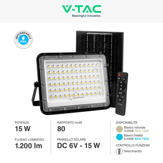V-Tac VT-120W Faro LED 15W IP65 Nero Pannello e Telecomando