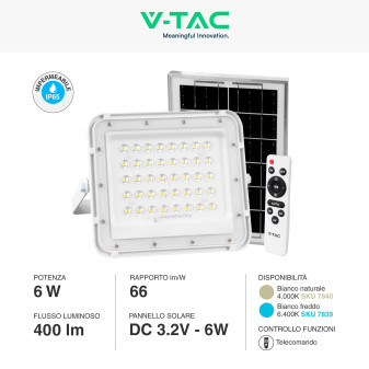 VT-40W Faro LED 6W IP65 Pannello Solare e Telecomando V-Tac