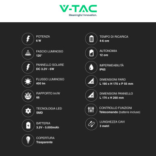 VT-40W Faro LED 6W IP65 Pannello Solare e Telecomando V-Tac