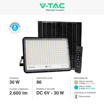 VT-240W Faro LED 30W IP65 Pannello Solare Telecomando Nero V-Tac