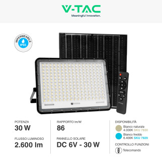 VT-240W Faro LED 30W IP65 Pannello Solare Telecomando Nero V-Tac