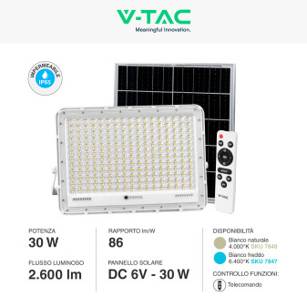 VT-240W Faro LED 30W IP65 Pannello Solare Telecomando Bianco V-Tac