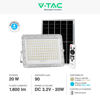 VT-180W Faro LED 20W Bianco Pannello Solare Telecomando V-Tac