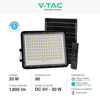 VT-180W Faro LED 20W INero P65 Pannello e Telecomando V-Tac