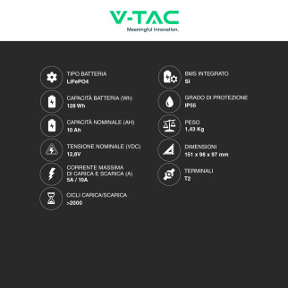 V-Tac VT-12.8V10AH-L Batteria LiFePO4 12,8V 10Ah - SKU 11940