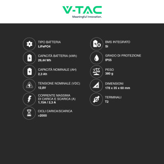 V-Tac VT-12.8V2.3AH-L Batteria LiFePO4 12,8V 2,3Ah - SKU 11941