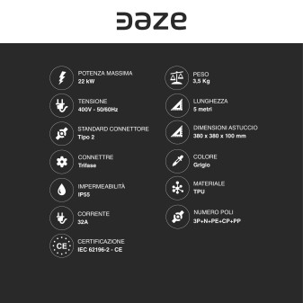 Daze Cavo di Ricarica AC Tipo 2 22kW Trifase IP55 Grigio 5m