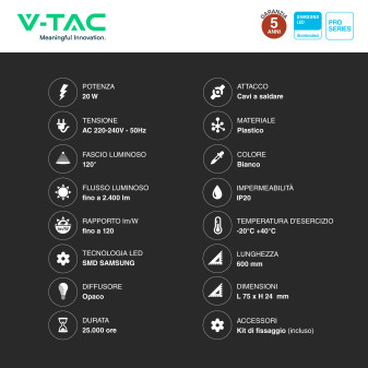 Tubo LED Prismatico Plafoniera 20W 60cm VT-8-20 V-Tac Pro