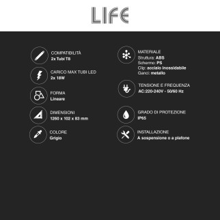 Plafoniera Lineare Lite Porta Tubi LED IP65 per 2 Tubi T8 120cm Life