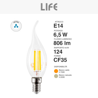 Lampadina LED E14 Filament 6.5W Fiamma CF35 Transparent Life