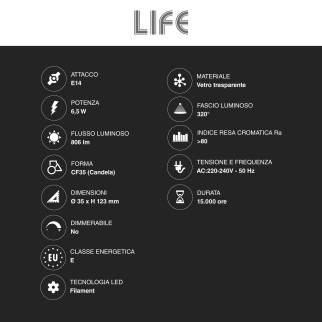Lampadina LED E14 Filament 6.5W Fiamma CF35 Transparent Life