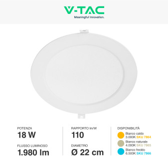 VT-61018 Mini Pannello LED Rotondo Slim 18W SMD da Incasso V-Tac