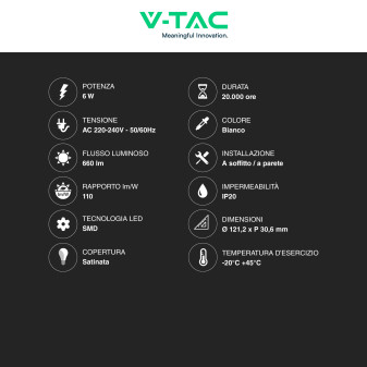 VT-60006 Mini Pannello LED Rotondo 6W SMD da Parete V-Tac