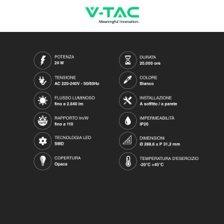 VT-60024 Mini Pannello LED Rotondo 24W SMD da Parete V-Tac