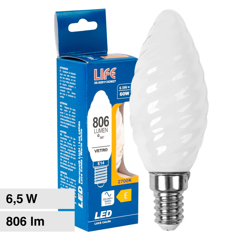 Lampadina LED E14 6,5W Candela Filament Vetro Milky Life