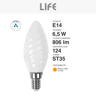 Lampadina LED E14 6,5W Candela Filament Vetro Milky Life