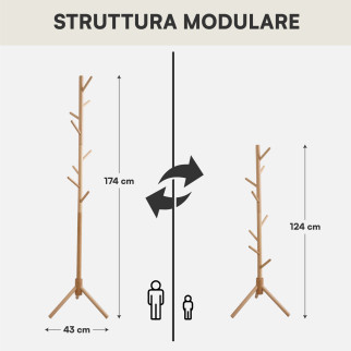 Appendiabiti da Terra Legno Naturale 8 Ganci 2 Altezze 3 Colori