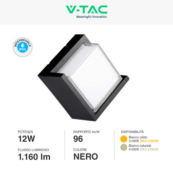 VT-827 Lampada LED da Muro 12W Nera SMD Applique IP65 V-Tac