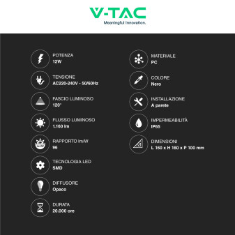 VT-827 Lampada LED da Muro 12W Nera SMD Applique IP65 V-Tac
