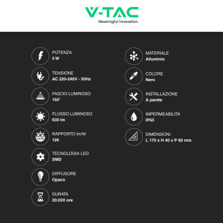 VT-846 Lampada LED da Muro 5W Nera con 6 LED SMD IP65 V-Tac
