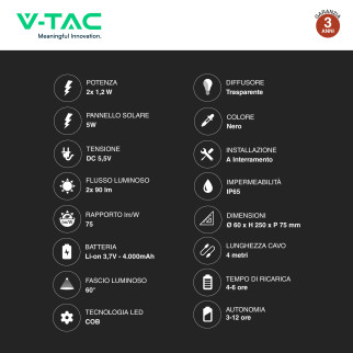 VT-11031 Lampade LED Giardino 2x1,2W IP65 con Pannello V-Tac