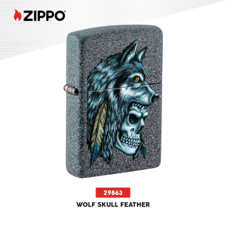 Accendino Zippo 29863 Wolf Skull Feather Design Ricaricabile Antivento