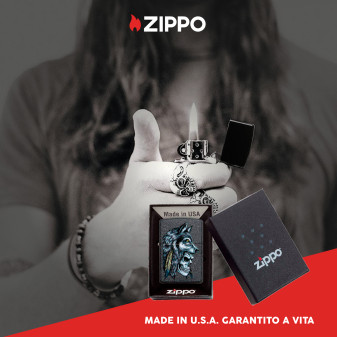 Accendino Zippo 29863 Wolf Skull Feather Design Ricaricabile Antivento