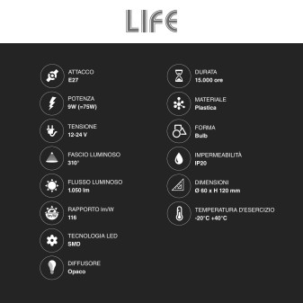 Life Lampadina LED E27 9W 12/24V Goccia A60 SMD
