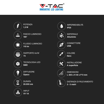 Lampada LED da Armadio 1,5W SMD Sensore PIR V-Tac VT-8141