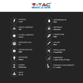 Lampada LED da Armadio 1,5W SMD Sensore PIR V-Tac VT-8141